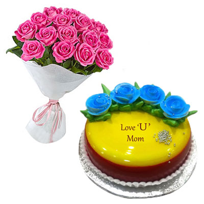 "Vanilla flavor Gel Cake -1 kg, 12 Pink Roses - Click here to View more details about this Product